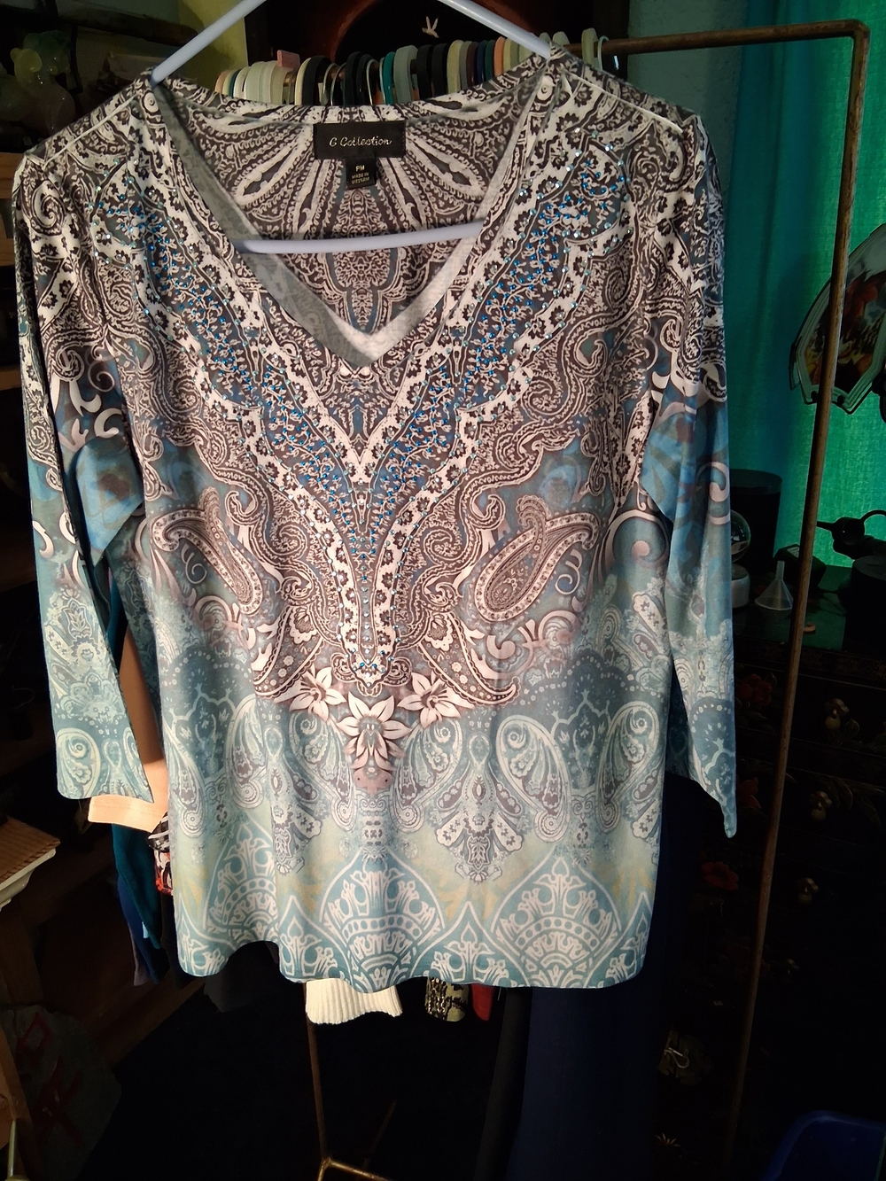 GG Collection Blue Paisley V-Neck Long Sleeve Top